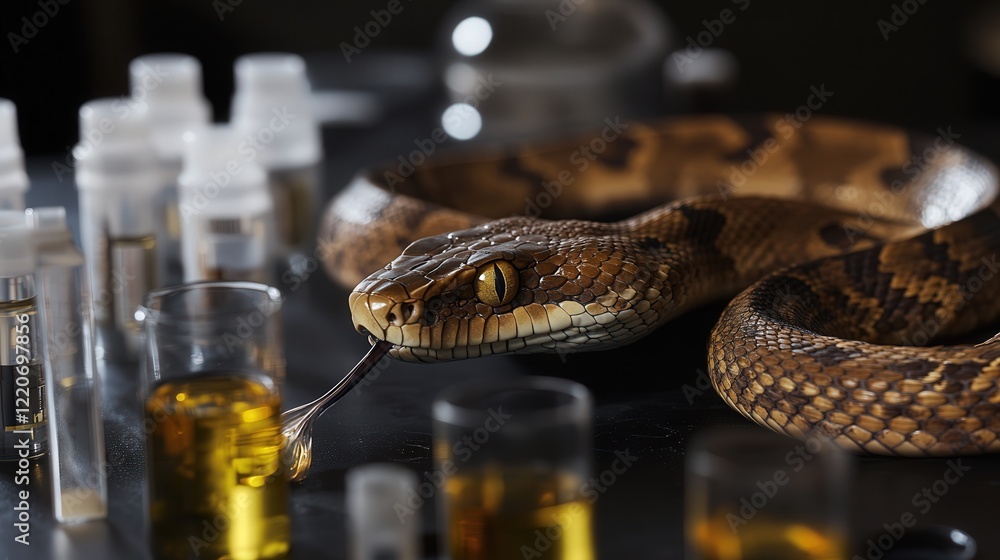 Poster venom from a snake is carefully collected and stored for research, emphasizing its role in the produ