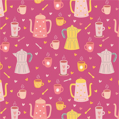 Coffee seamless pattern. Cups, spoons, coffee makers, hand drawn coffee pattern. Cute colorful coffee background.