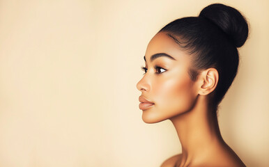 Naklejka premium young woman with long hair, showcasing her natural beauty and timeless style.