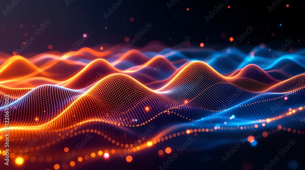 Poster futuristic wave dynamics: abstract digital artwork with glowing orange and blue mesh pattern