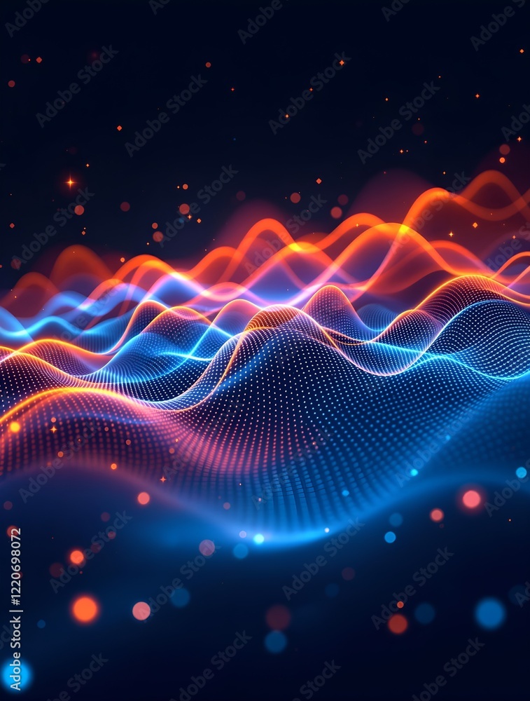 Poster cosmic energy in motion: vibrant wave pattern and light effects in a digital abstract composition