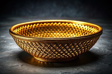Elegant Gold-Rimmed Woven Bowl on Grey - Night Photography Stock Image