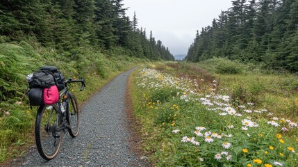 Naklejka premium A bike on a gravel trail with wildflowers growing along the path.