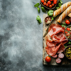 Thin slice of meat products, gray neutral background.