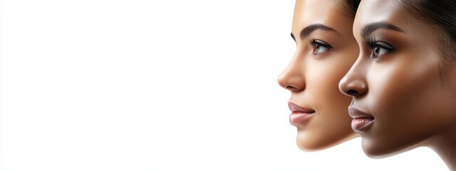 Three women of different races stand together on a white background
