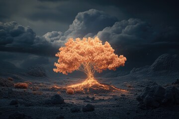 Glowing Neural Network Tree Illuminates a Barren Digital Landscape Under Dark Clouds