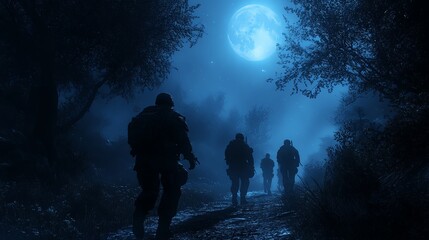 A special forces night operation, with soldiers in tactical gear moving silently under the cover of darkness, illuminated by moonlight and stealthy flashlights in a covert mission