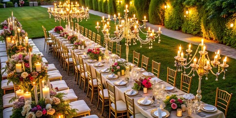 Elegant Long Wedding Table Setting Aerial View - Romantic Outdoor Reception