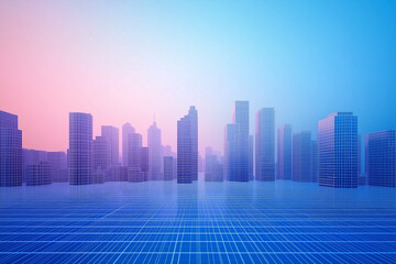 Empty grid floor for the development project. 3d rendering of abstract wireframe cityscape with a blue gradient background