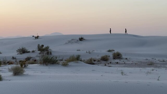 White sand dunes at White Sands National Park in New Mexico during sunset, natural wonder and beautiful landscape scenery, tranquil, climate change, hiking