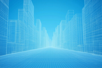 Empty grid floor for the development project. 3d rendering of abstract wireframe cityscape with a blue gradient background