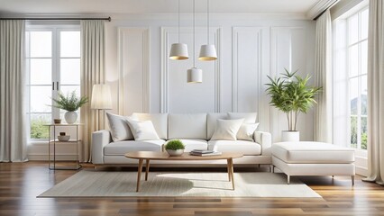 Fototapeta premium Elegant Minimalist White Living Room Interior Design - Modern Sofa, Tables & Lamps