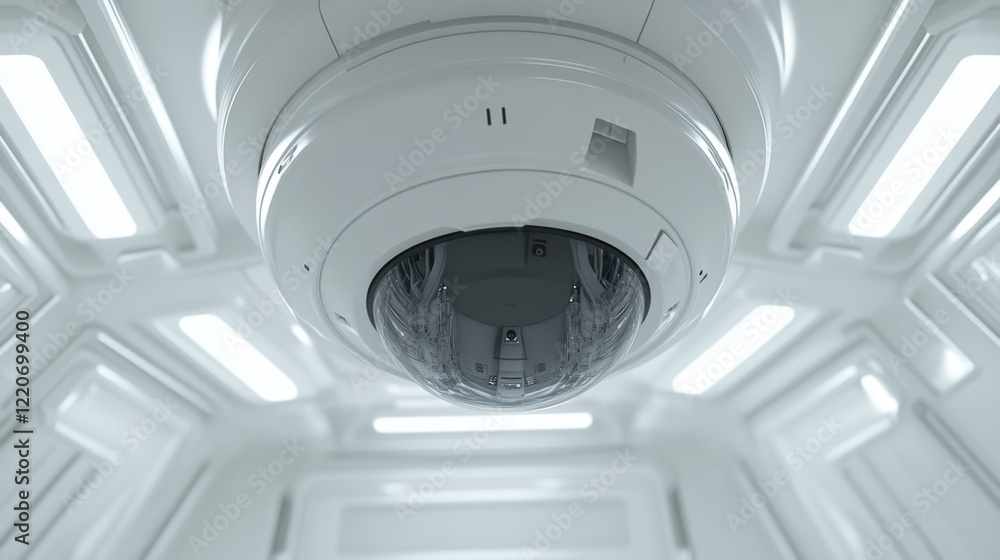 Poster a close-up view of a rotating security camera on a white ceiling indoors.