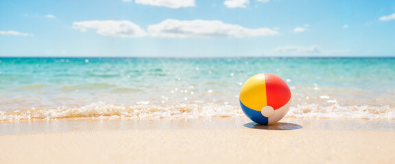 Obraz premium Colorful beach ball floating on gentle ocean waves, summer joy