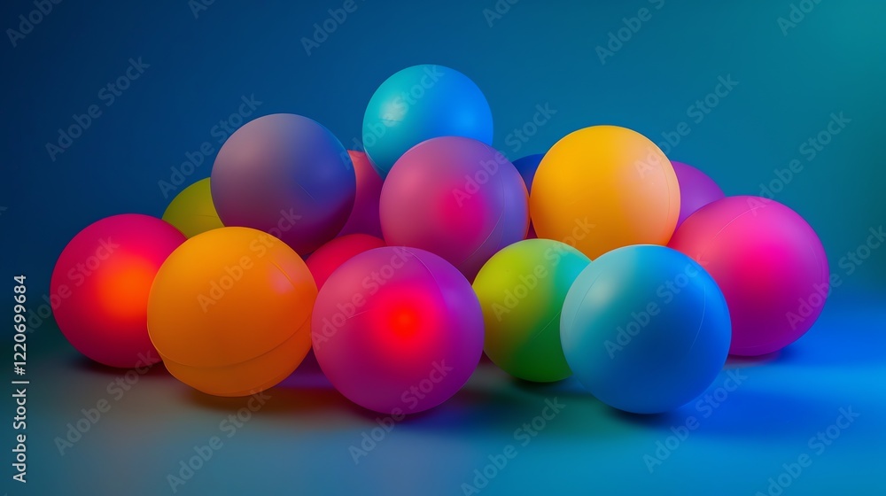Poster a group of colorful balls of different sizes are clustered together against a blue background.