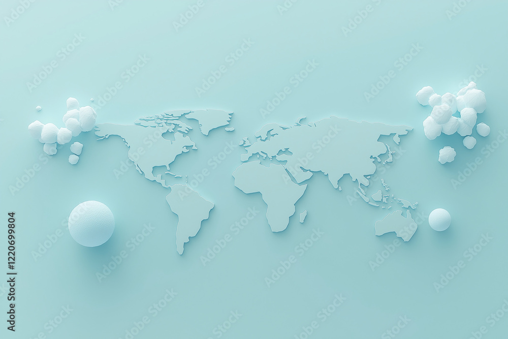 Poster minimalistic 3d world map on soft blue gradient backdrop, featuring simplified earth representation