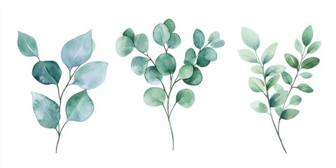 Watercolor eucalyptus leaves arranged on a clean white background
