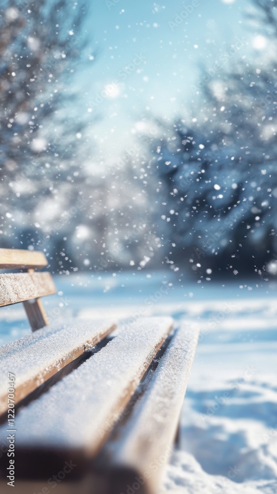 Poster serene winter day with snow gently falling on a wooden bench in a tranquil setting