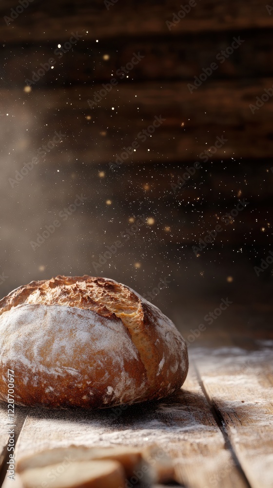 Poster rustic loaf of bread sits on a wooden surface with flour and dust particles in warm light