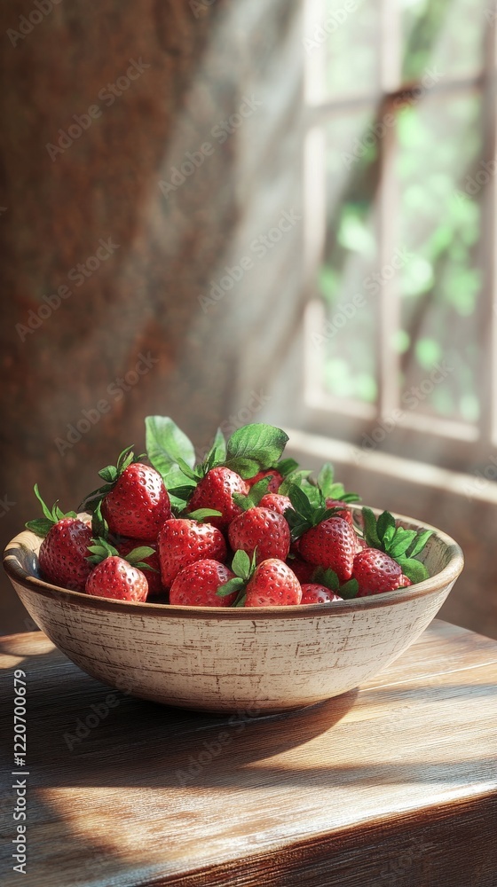 Poster close-up of a rustic wooden bowl filled with fresh strawberries illuminated by natural light filteri