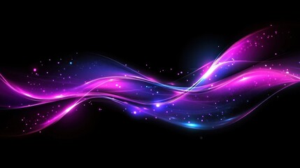 Fototapeta premium Abstract glowing pink and blue wavy lines with sparkles on black background.