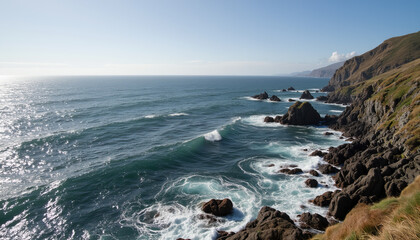 Ocean waves crashing on rocky coastline