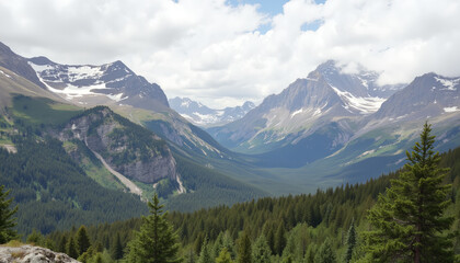 Fototapeta premium Mountain valley landscape with pine trees under cloudy sky