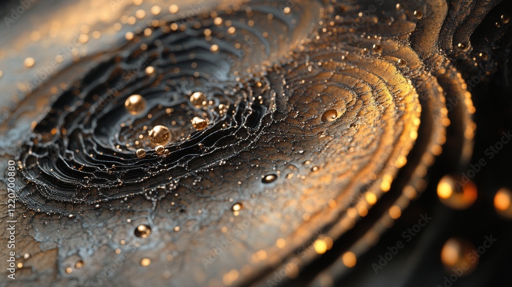 Poster serene view of liquid particles merging into larger drops, creating a calming visual effect.