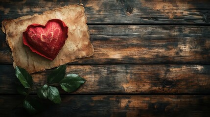 Vintage valentine postcard with heart on rustic wooden background for february 14th greeting cards