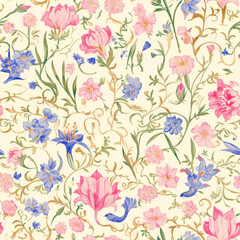 Floral Tapestry: A delicate and intricate floral pattern featuring a vibrant array of pink and blue flowers, woven together with elegant gold vines on a soft cream background. Seamless pattern