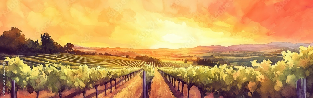 Poster vineyard landscape with sunset hues creating a serene atmosphere over grapevines and rolling hills i