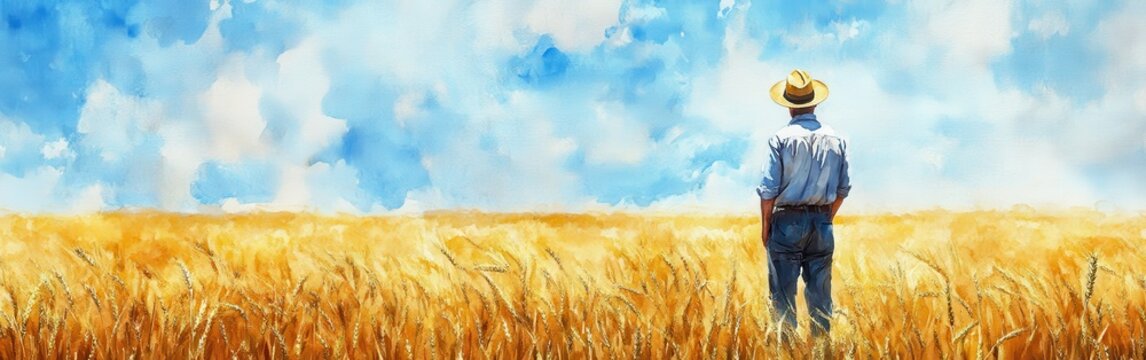 Beautiful watercolor portrait of a farmer gazing at a golden wheat field under a vast blue sky