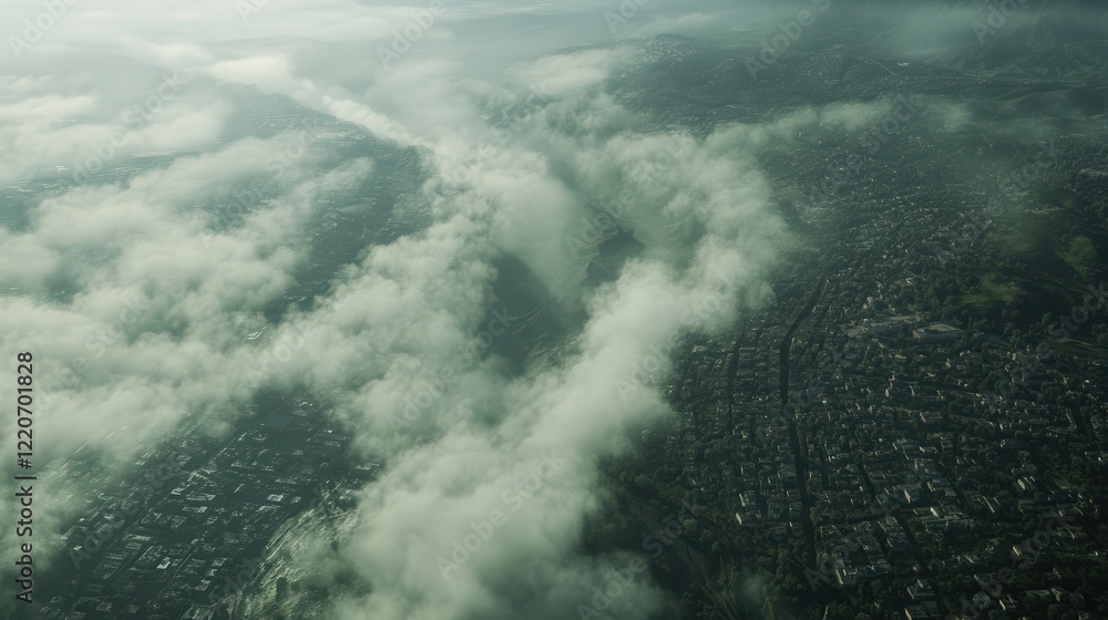 Aufkleber a simulation of pm 2.5 dust particles mixing with fog, creating a thick smog layer over a valley. --