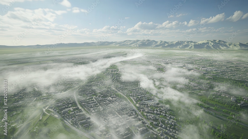 Poster pm 2.5 dust particles mixing with fog, creating a thick smog layer over a valley.