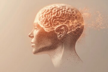 Obraz premium Abstract Human Head Silhouette With Glowing Neural Networks in Bright Gradient Light Against a Smooth Background