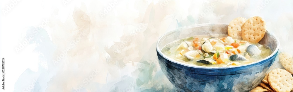 Aufkleber delicious bowl of hearty soup with fresh vegetables and crackers set against a soft watercolor backg