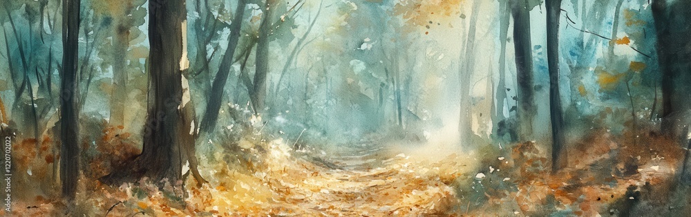 Poster watercolor depiction of a serene forest path amidst tall trees in autumn light with soft fog