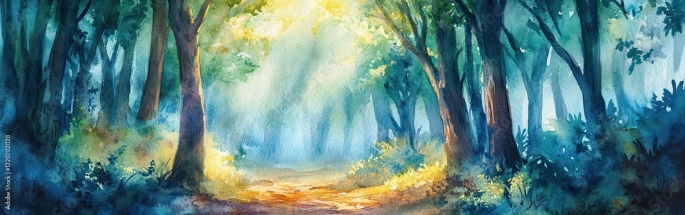 Poster bright sunlight filters through a lush forest with vibrant greenery and a soft path inviting explora