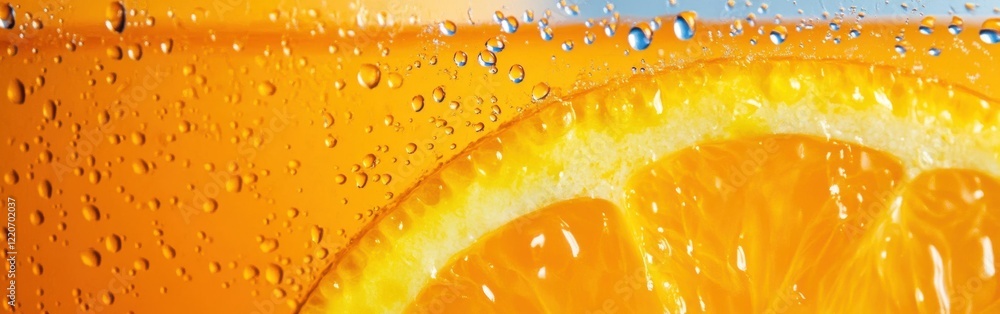 Poster Close-up view of a vibrant orange slice submerged in sparkling water with bubbles reflecting light and color