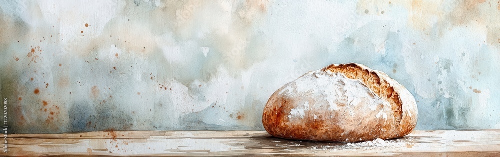 Poster close-up of a freshly baked loaf of bread on a rustic surface with a soft watercolor background