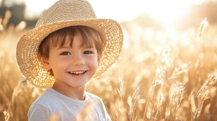Portrait of a smiling little boy in a straw hat on a wheat field