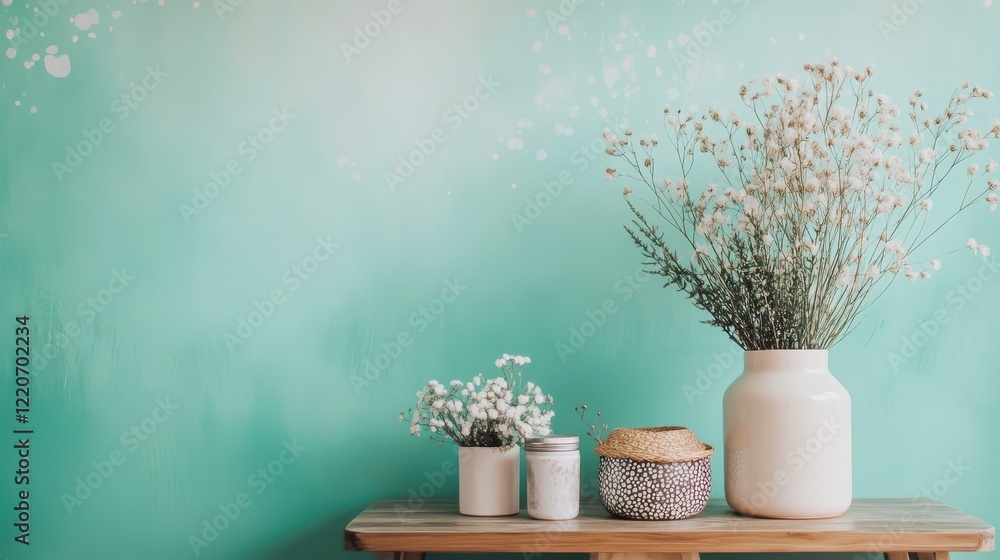 Poster soft pencil strokes in pastel mint create a tranquil backdrop for delicate flowers arranged in simpl