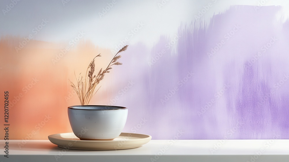 Poster soft pencil strokes create a serene lavender backdrop with a delicate dried flower arrangement in a 