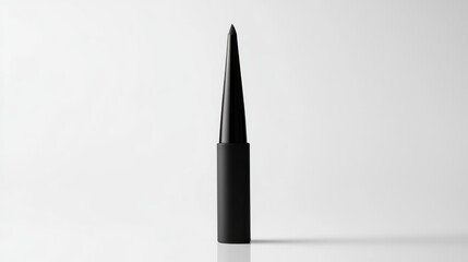 A minimalist mascara tube standing upright on a reflective white background.