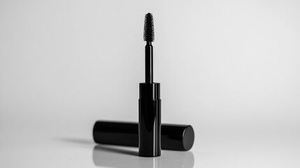 Obraz premium A minimalist mascara tube standing upright on a reflective white background.