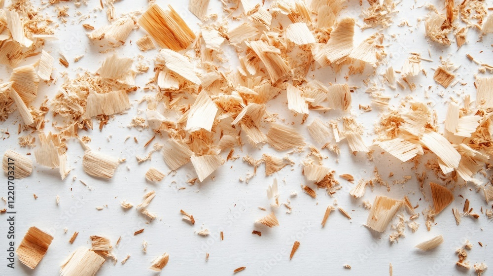 Poster a close-up view of wood shavings spread across a white surface, showcasing texture and natural color