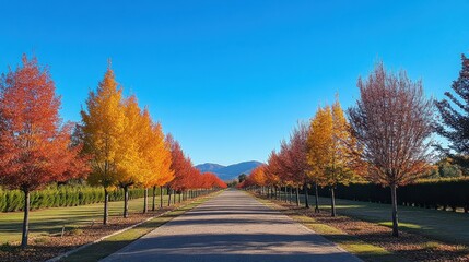 Obraz premium Quiet country road surrounded by vibrant autumn foliage and clear blue sky