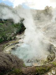 Hot spring with steam rising in Furnas, Azores. Natural geothermal area surrounded by greenery and rocky terrain.
