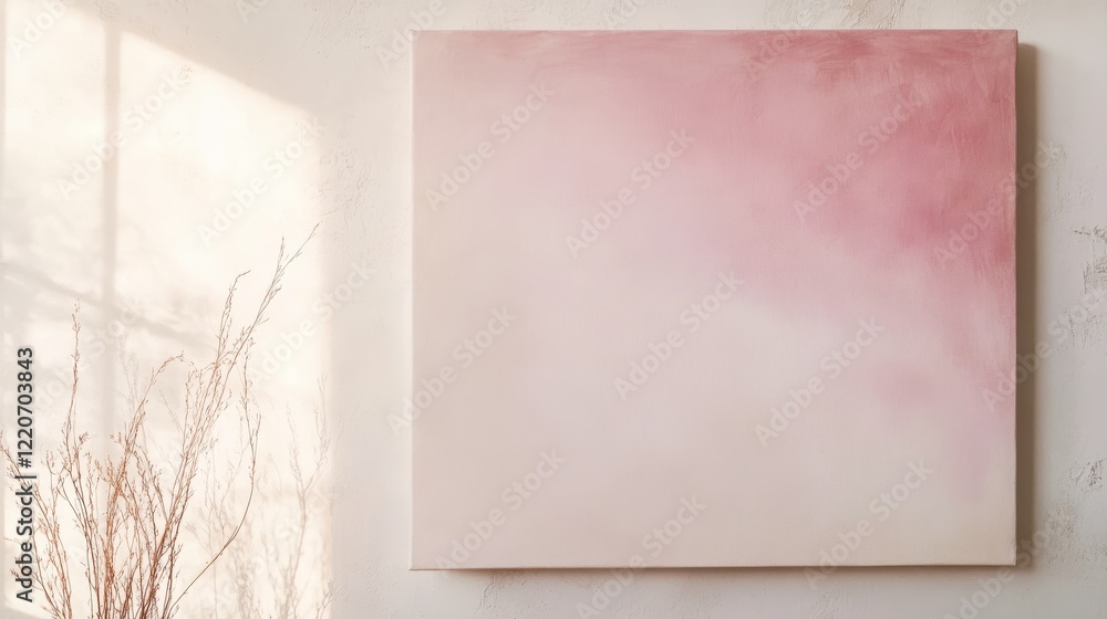 Poster minimalist white canvas featuring soft pink gradient dominates serene studio space with natural ligh