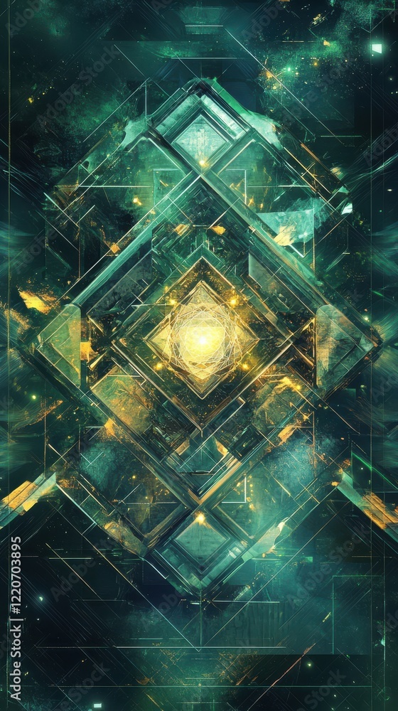 Aufkleber modern abstract design featuring transparent geometric shapes in vibrant colors with a central glowi